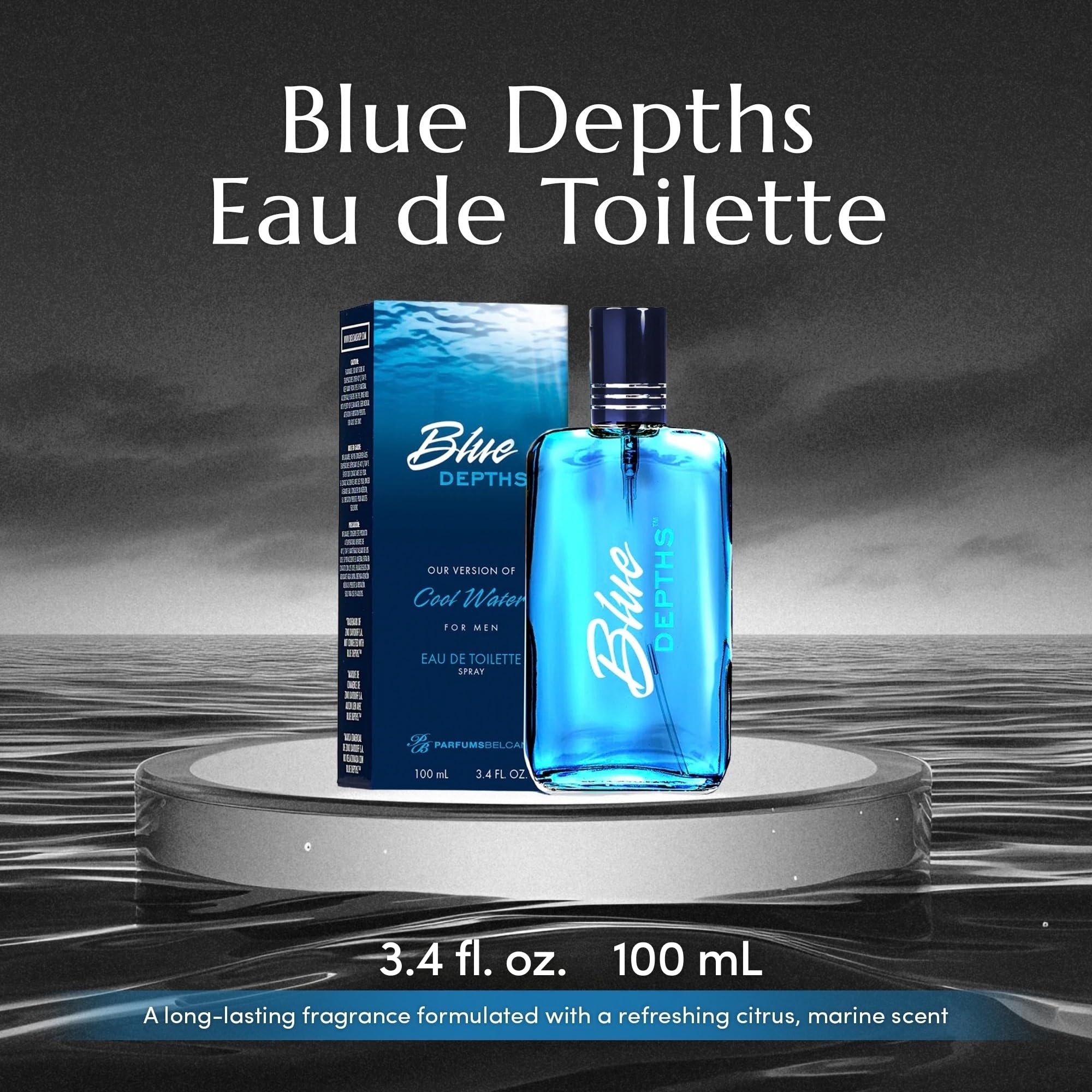 PB ParfumsBelcam Blue Depths fragrance spray packaging displaying product details and fluid ounce size