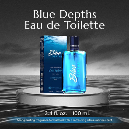 PB ParfumsBelcam Blue Depths fragrance spray packaging displaying product details and fluid ounce size