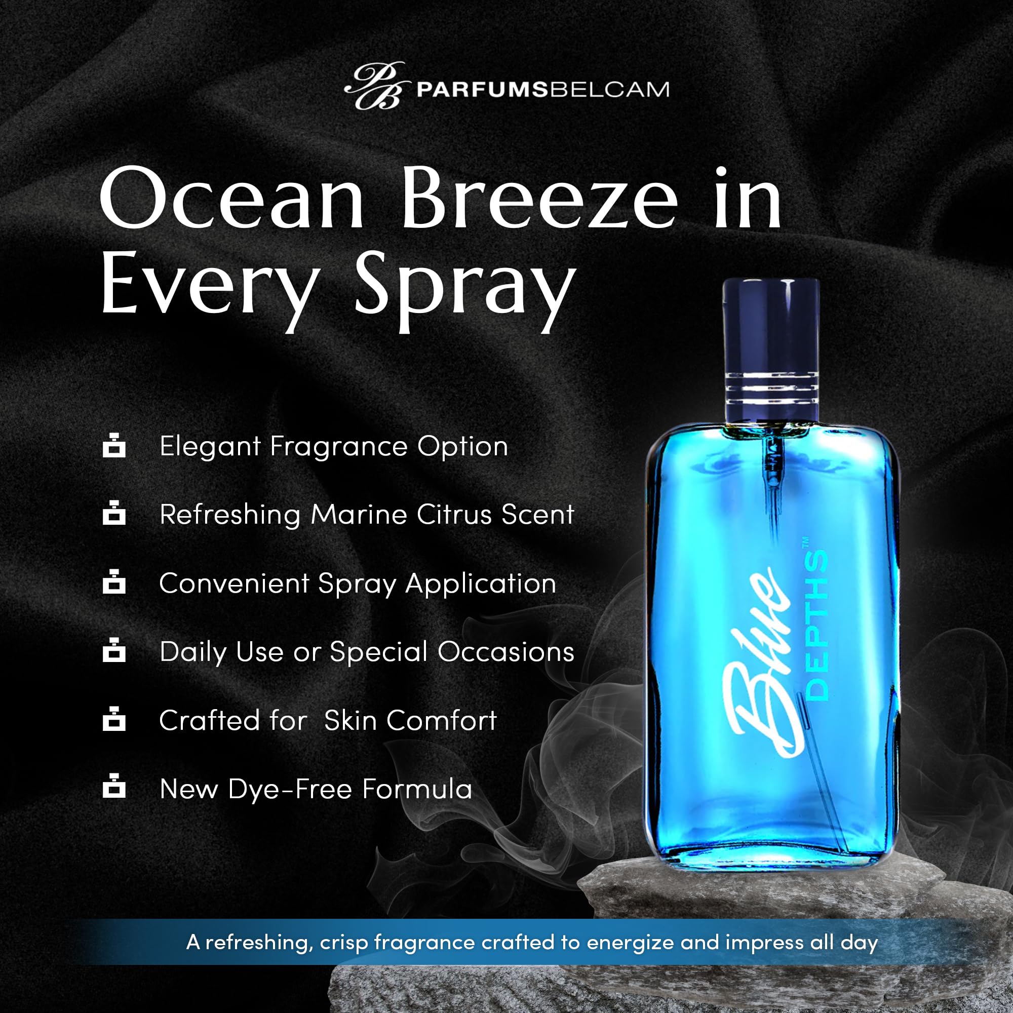 Side profile of the transparent glass bottle showing the dye free blue depths men's perfume formula