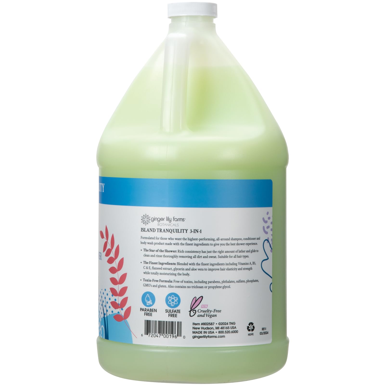 Back label of Ginger Lily Farms Island Tranquility 3-in-1 refill showing natural vegan ingredients and vitamin blend