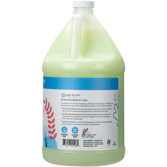 Back label of Ginger Lily Farms Island Tranquility 3-in-1 refill showing natural vegan ingredients and vitamin blend