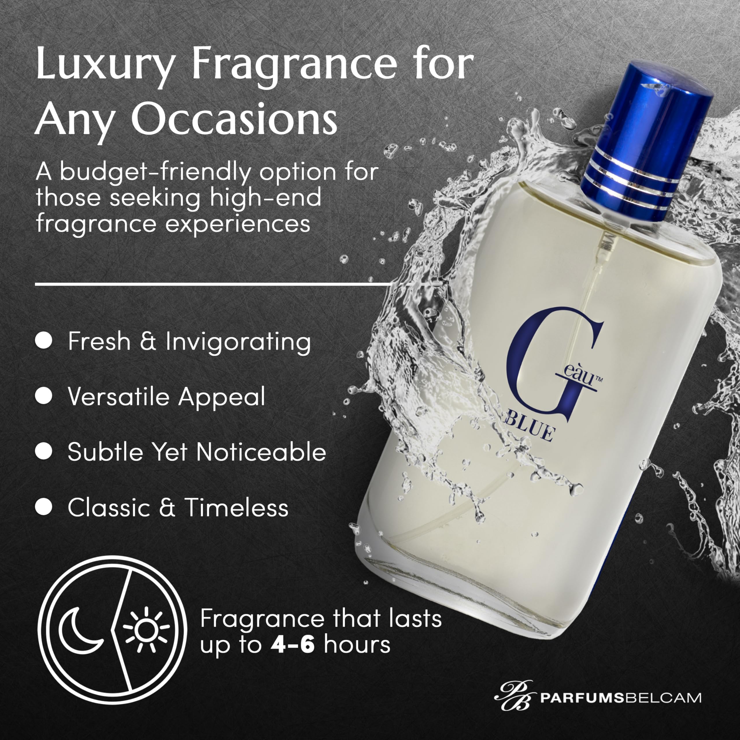PB ParfumsBelcam G Eau Blue aquatic and citrus men's perfume spray profile view