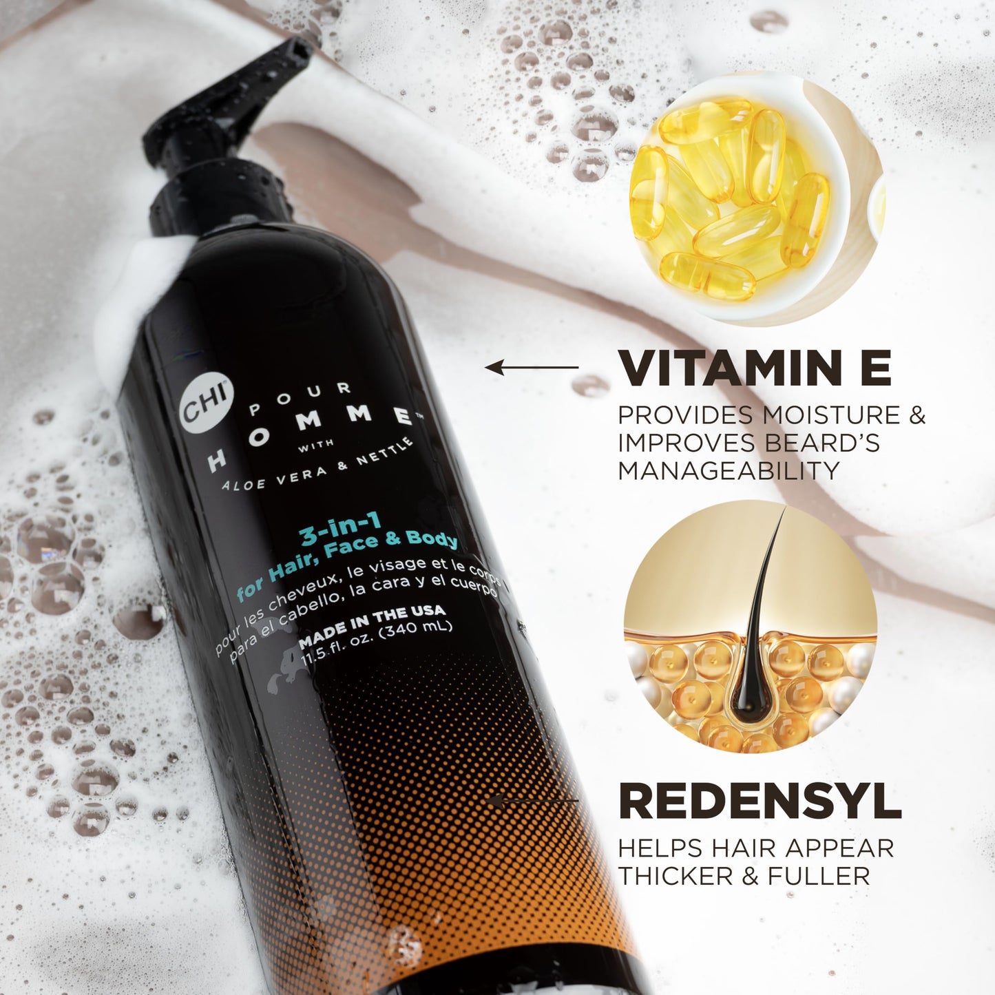 Close up of the Eleven Point Five Ounce packaging for CHI Pour Homme wash