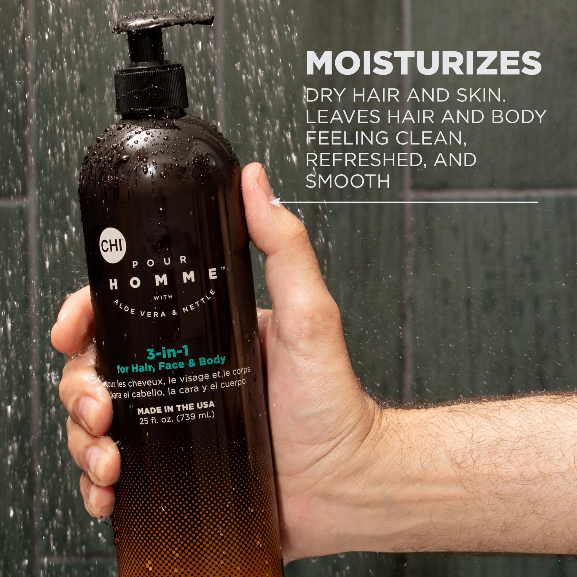 Authentic CHI men grooming cleanser showcasing ingredients and directions