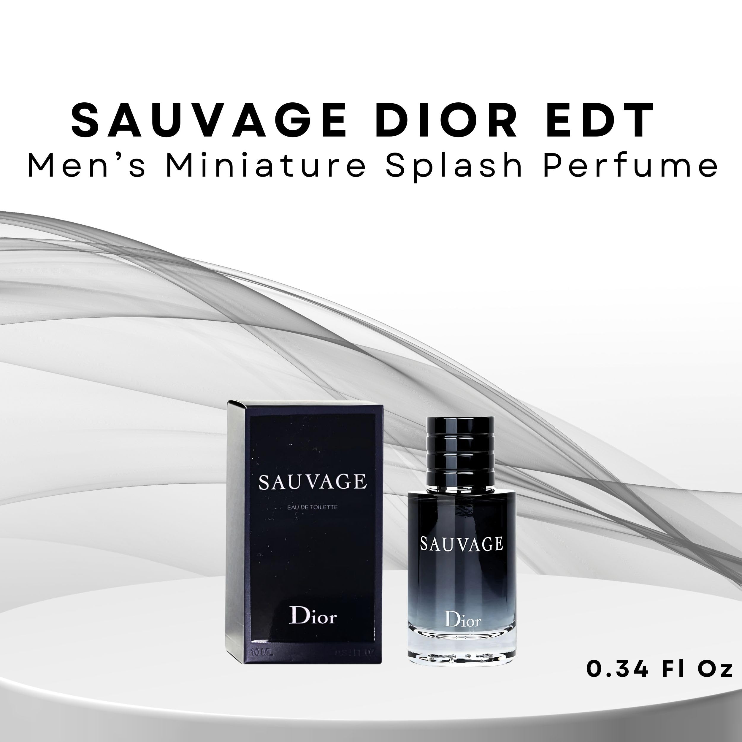 Christian Dior Sauvage luxury travel size miniature fragrance container showcasing the clear liquid contents and iconic branding.