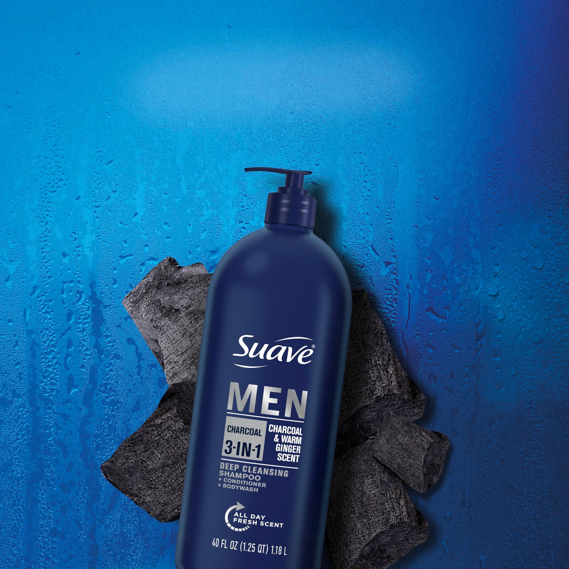 Authentic USA imported Suave Men three-in-one shower gel and shampoo close up of the label.