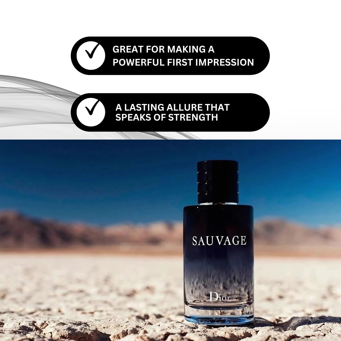 Side view of Dior Sauvage mini luxury perfume bottle for men indicating the net volume measurement of 0.34 Ounce.