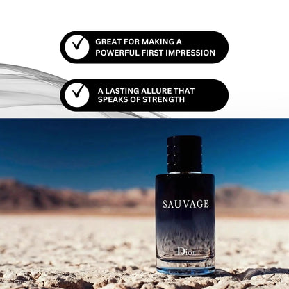 Side view of Dior Sauvage mini luxury perfume bottle for men indicating the net volume measurement of 0.34 Ounce.
