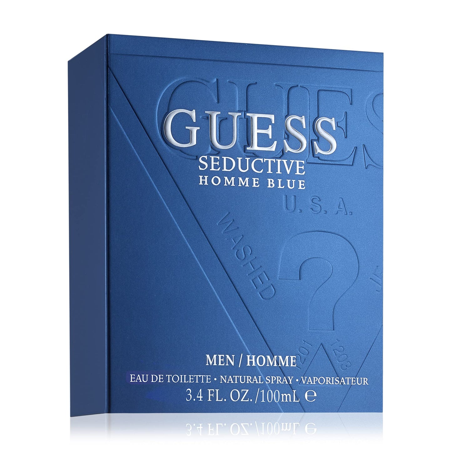 GUESS Seductive Homme Blue Eau De Toilette spray showcasing the fine mist dispersion from the premium metallic spray pump