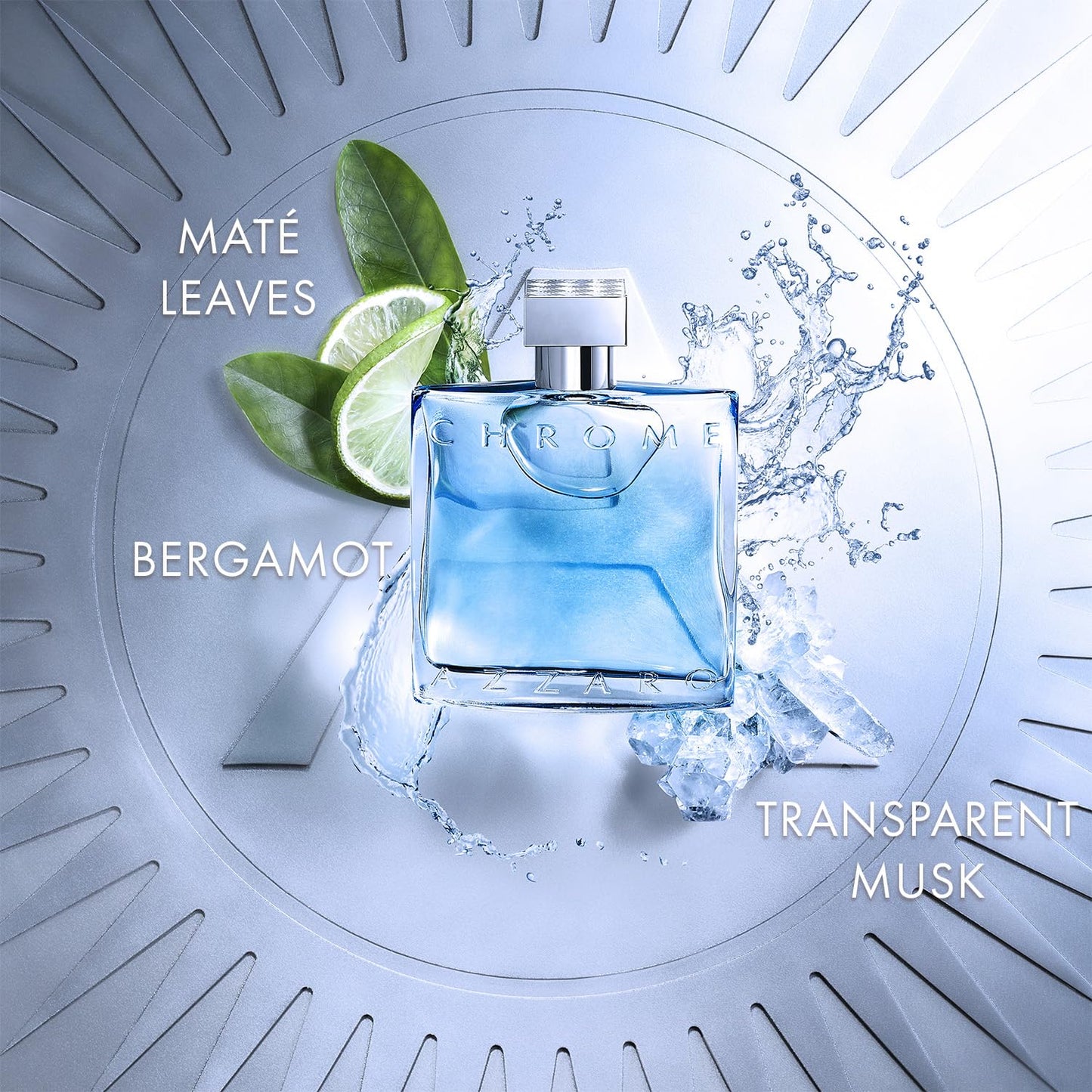 Azzaro Chrome fresh aquatic mens cologne packaging box and bottle presented together on a clean surface.