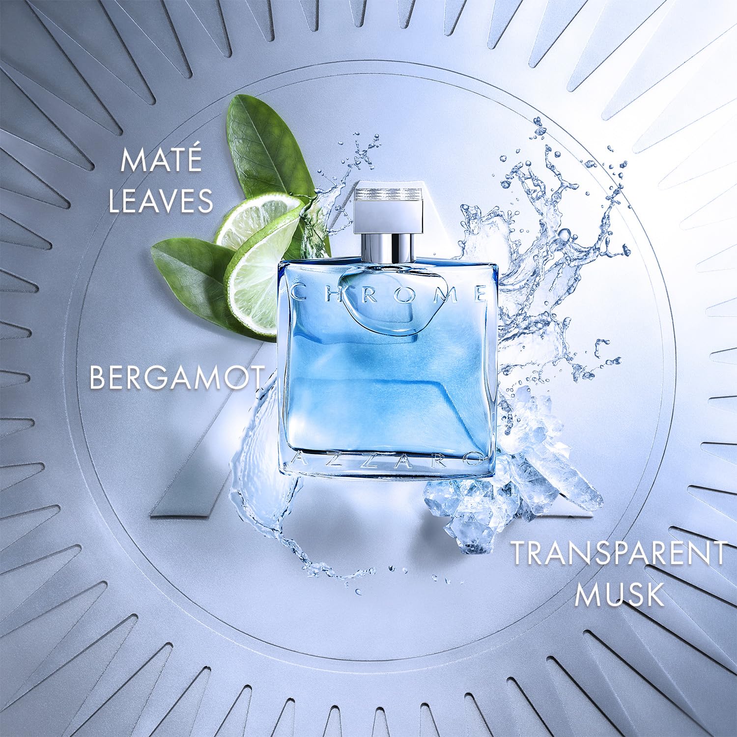 Azzaro Chrome fresh aquatic mens cologne packaging box and bottle presented together on a clean surface.