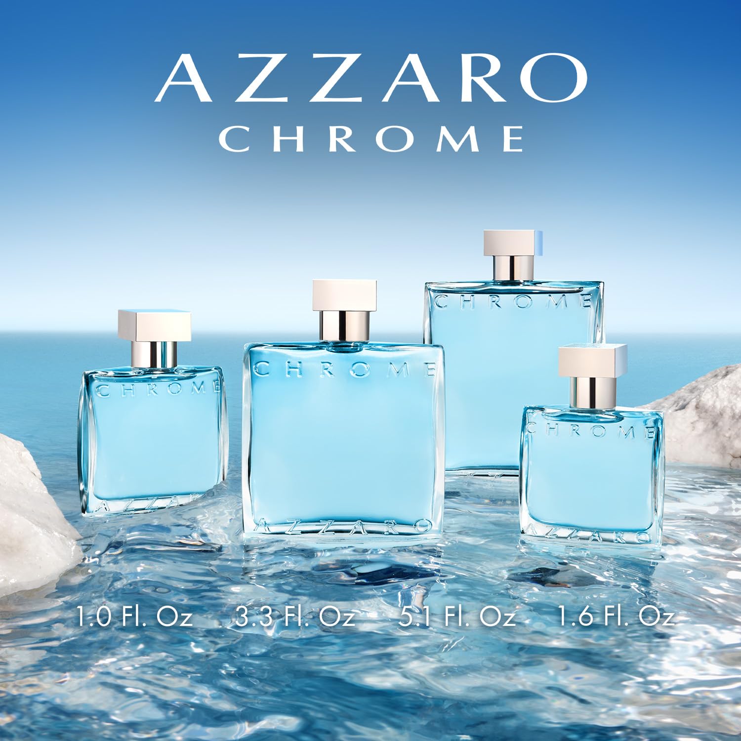 The complete Azzaro Chrome mens travel size fragrance collection showing the premium outer carton design.