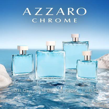 The complete Azzaro Chrome mens travel size fragrance collection showing the premium outer carton design.
