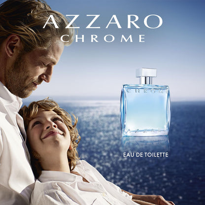 Azzaro Chrome citrus woody musky fragrance bottle sitting upright beside its original retail box.