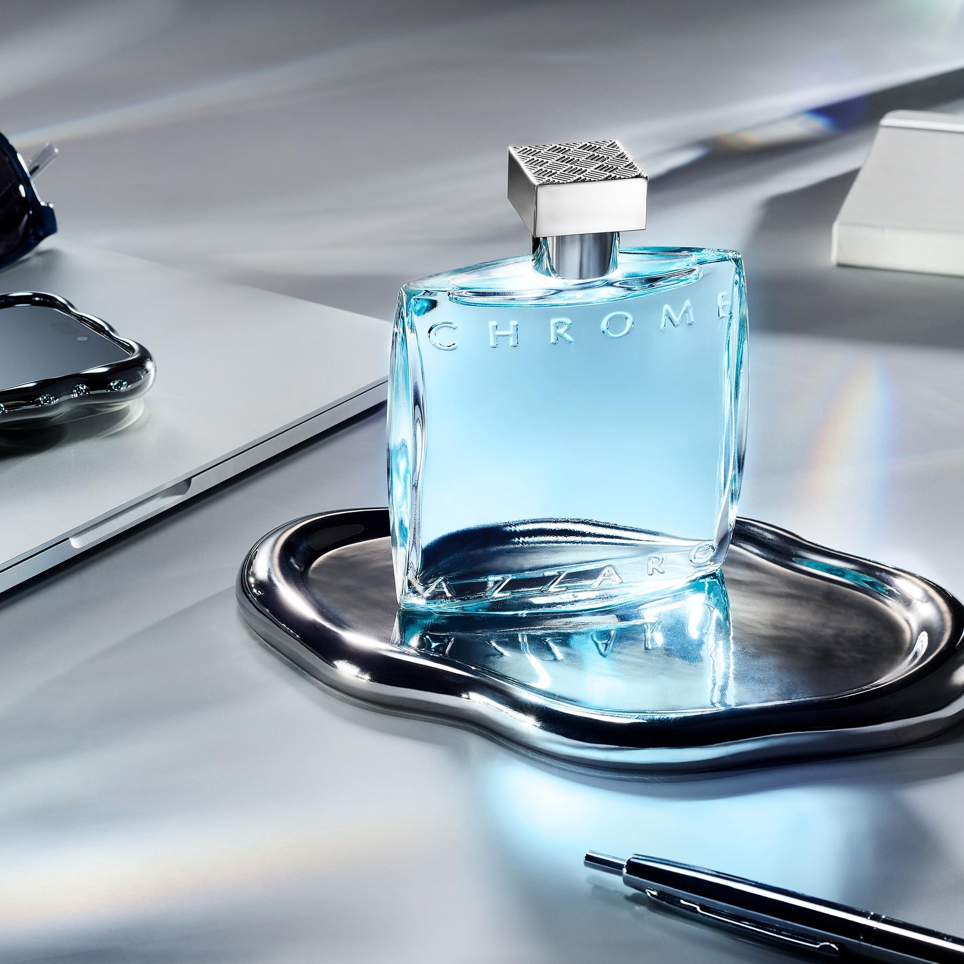 Azzaro Chrome luxury perfume for men display emphasizing the compact travel-friendly design of the thirty milliliter spray.