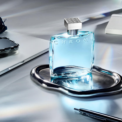 Azzaro Chrome luxury perfume for men display emphasizing the compact travel-friendly design of the thirty milliliter spray.