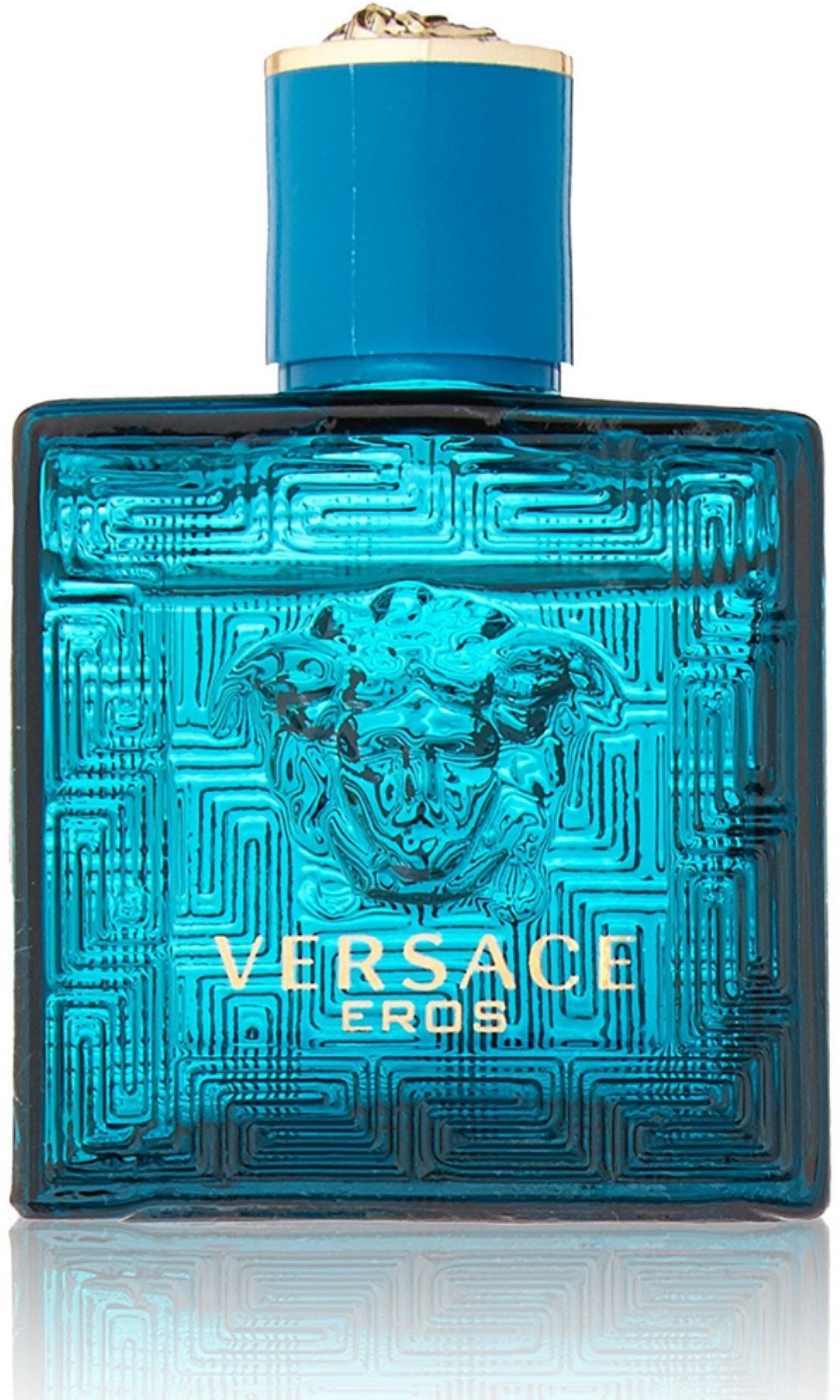 Versace Eros 5ml splash bottle showing the detailed gold medusa emblem