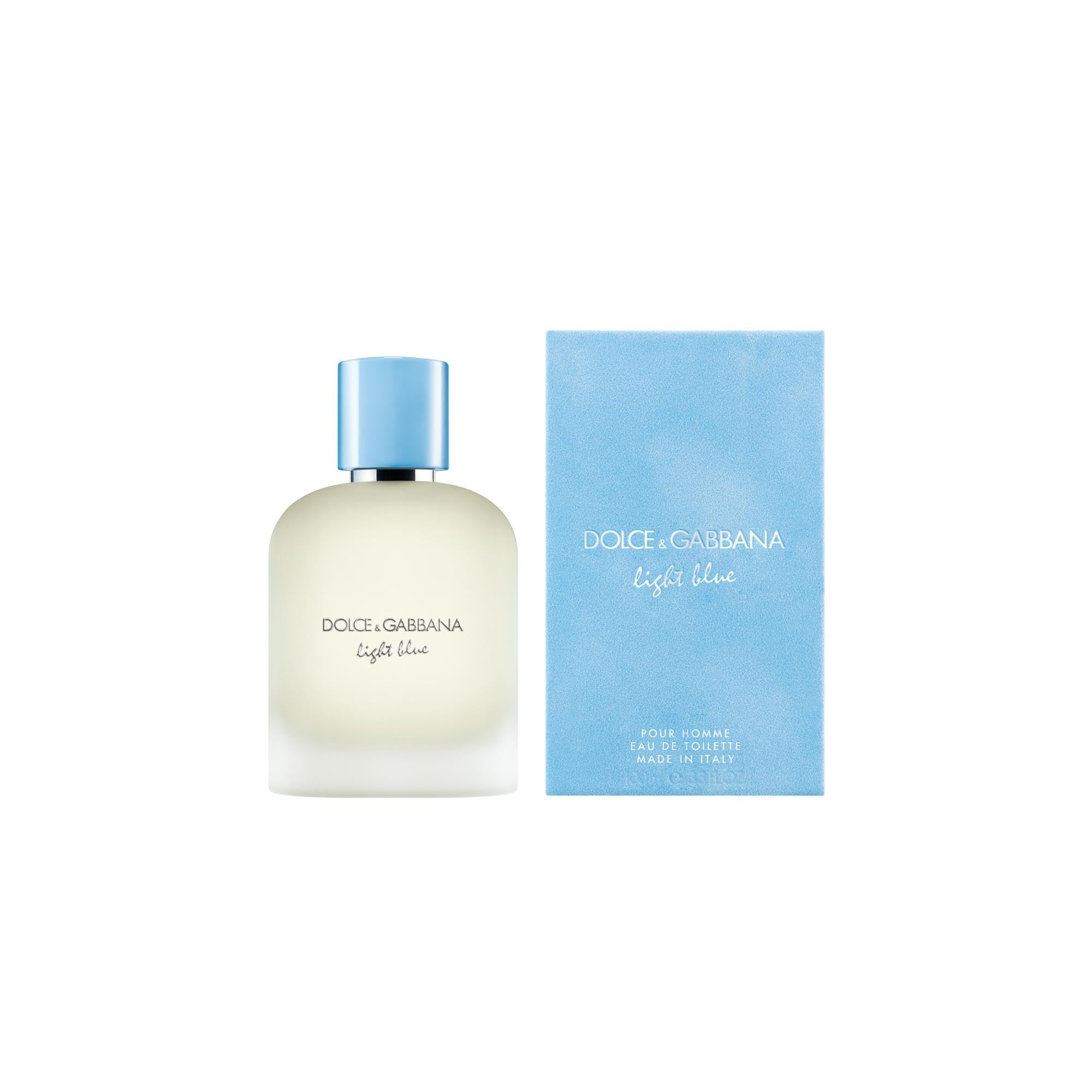 Dolce and Gabbana Light Blue Pour Homme men perfume bottle with signature blue cap next to product packaging box