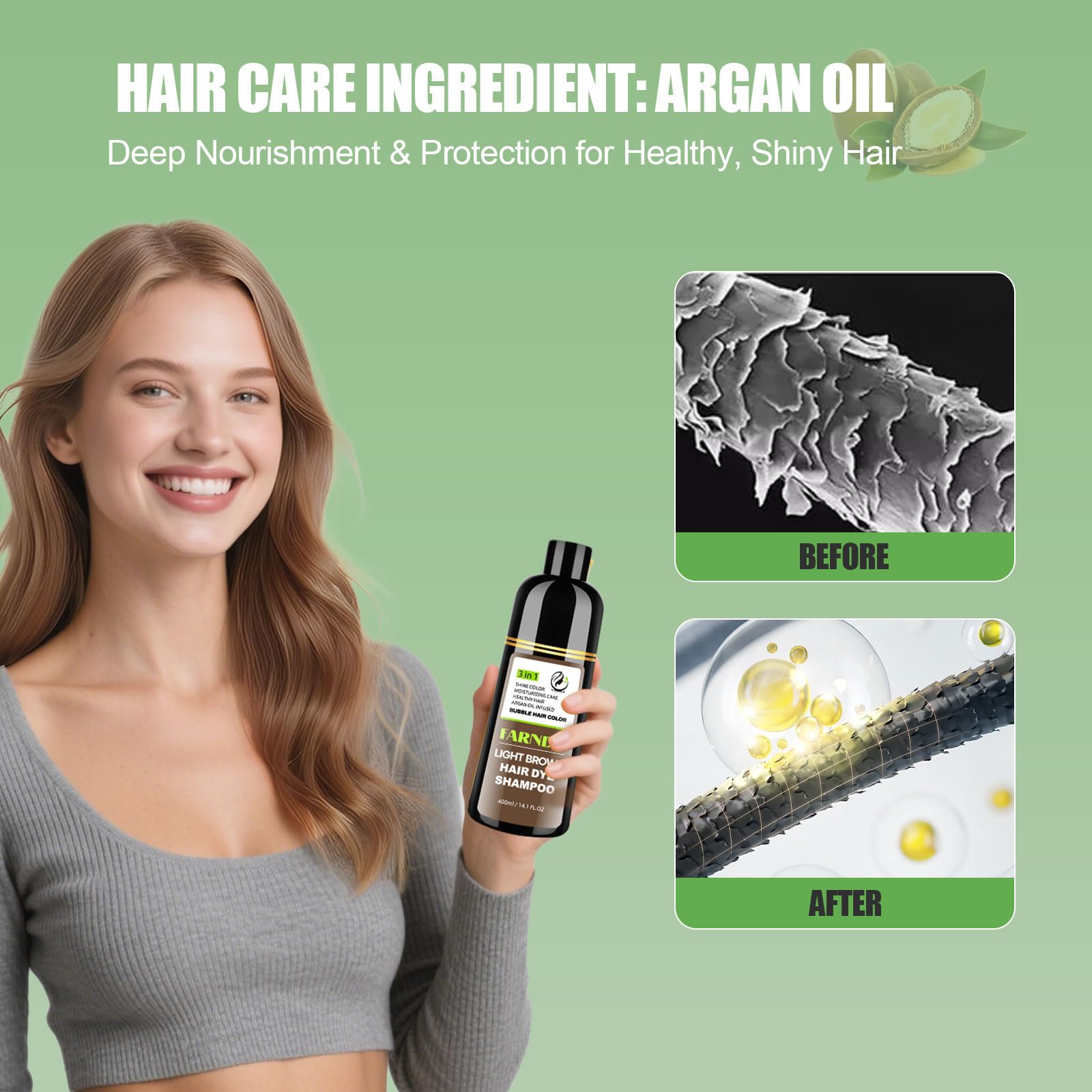 FARNDU paraben free hair dye shampoo bottle with moroccan argan oil branding