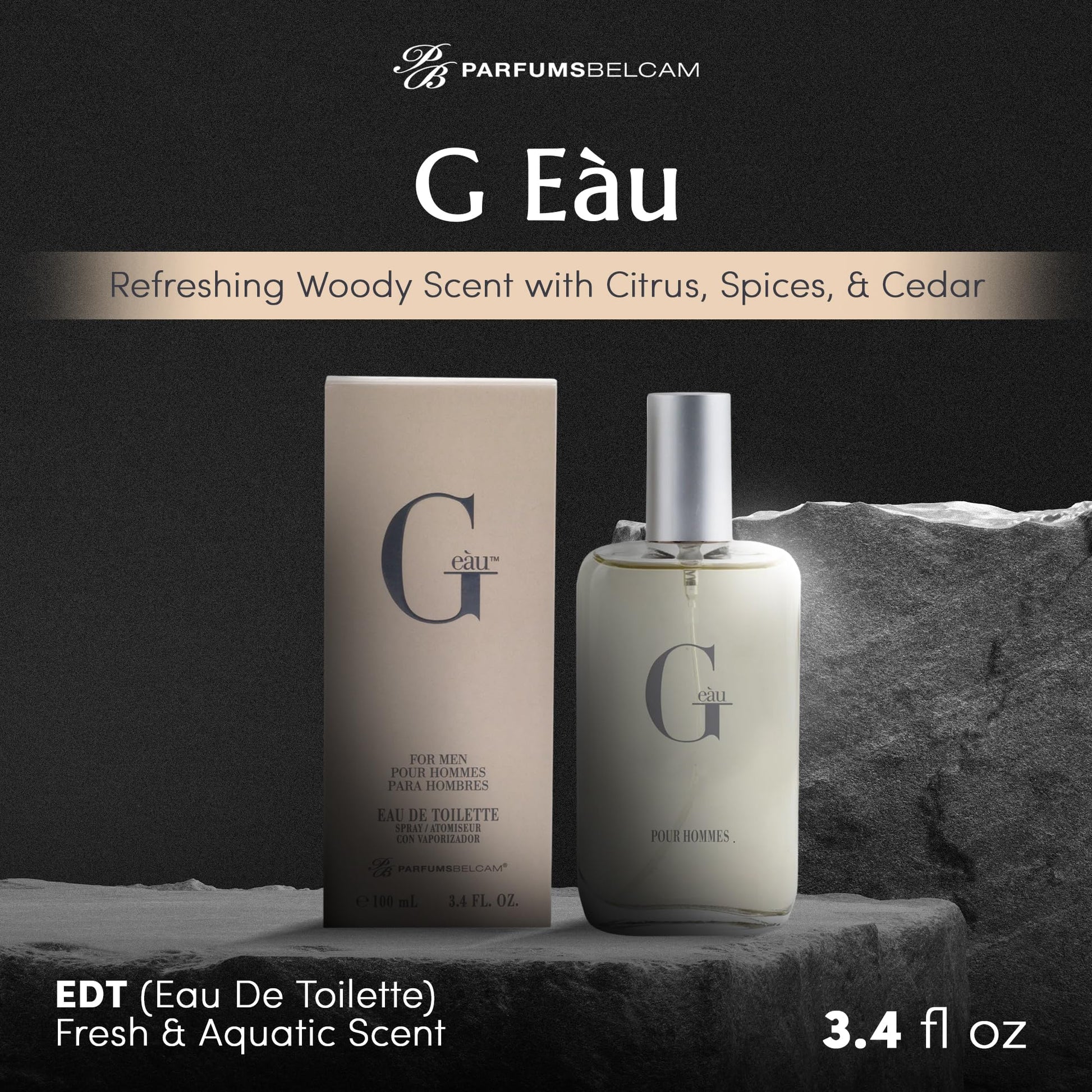 PB ParfumsBelcam G Eau perfume spray for men highlighting the modern packaging