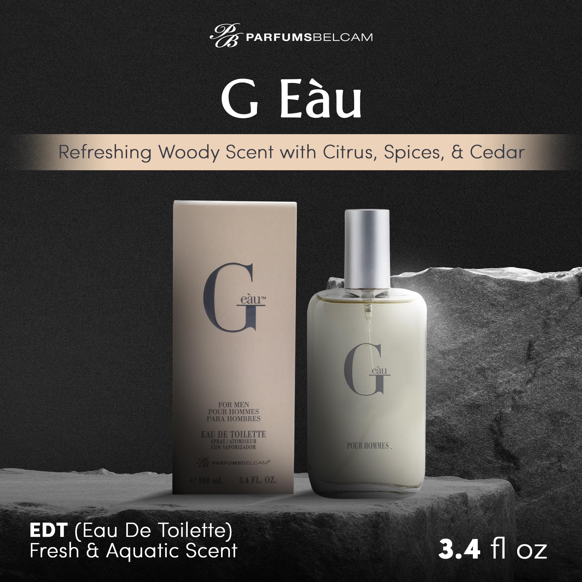 PB ParfumsBelcam G Eau perfume spray for men highlighting the modern packaging