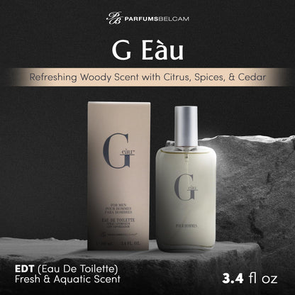 PB ParfumsBelcam G Eau perfume spray for men highlighting the modern packaging