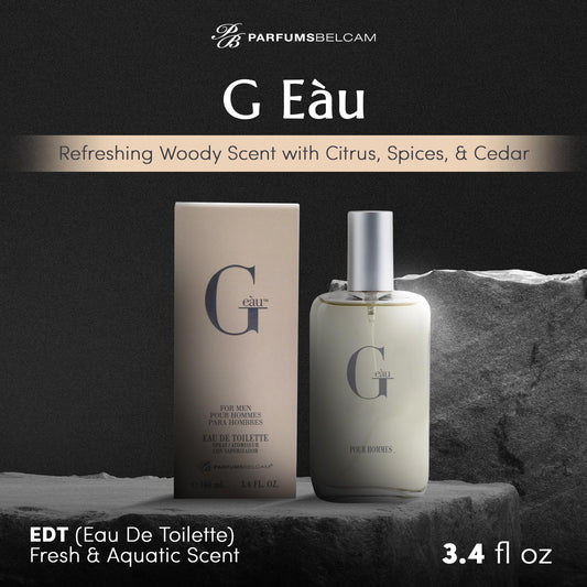 PB ParfumsBelcam G Eau perfume spray for men highlighting the modern packaging