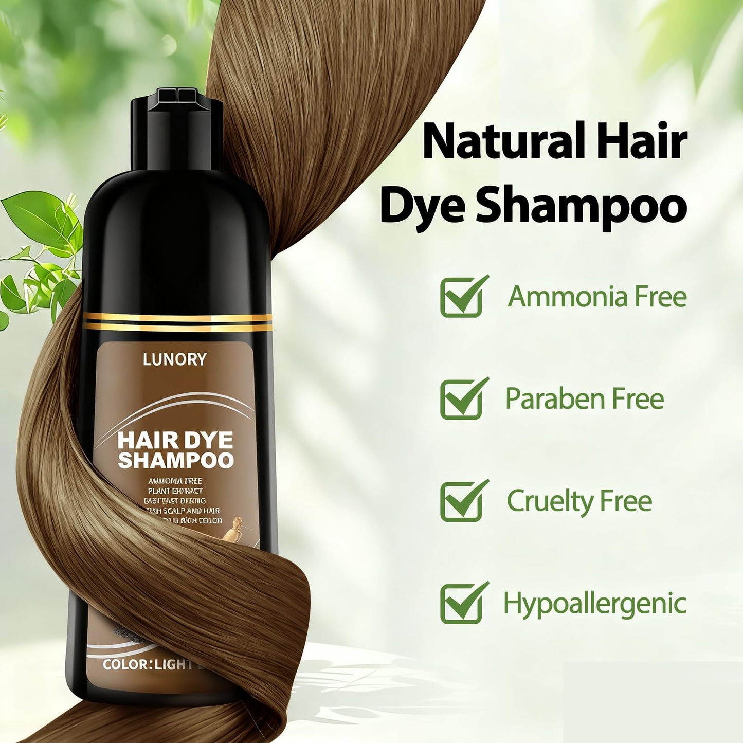 Natural plant based hair color shampoo showcasing rich brown tones on women and men.