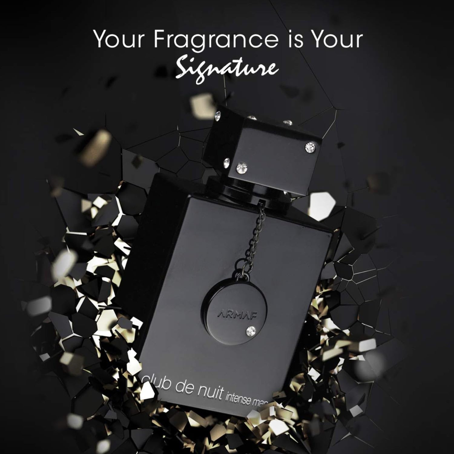 Armaf Club De Nuit Intense Man perfume bottle standing upright showing silver chain detail