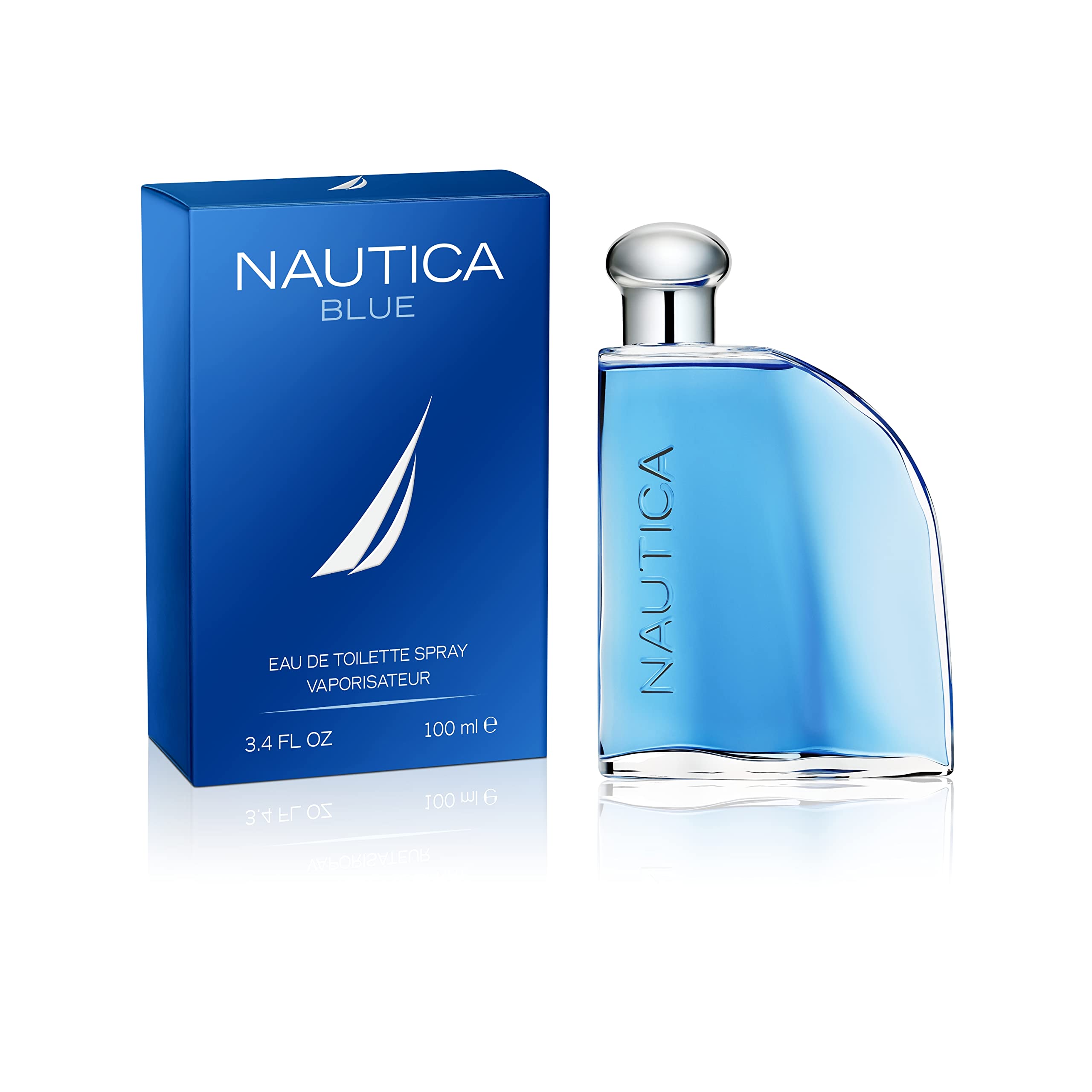 Nautica Blue Eau de Toilette clear glass bottle detailing the atomiser spray nozzle and signature metallic cap closure.