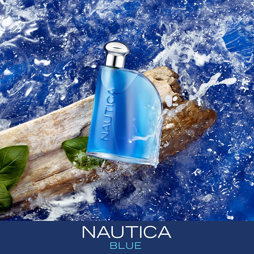 Nautica Blue fragrance packaging box showcasing the authentic dark blue branding text and product details.