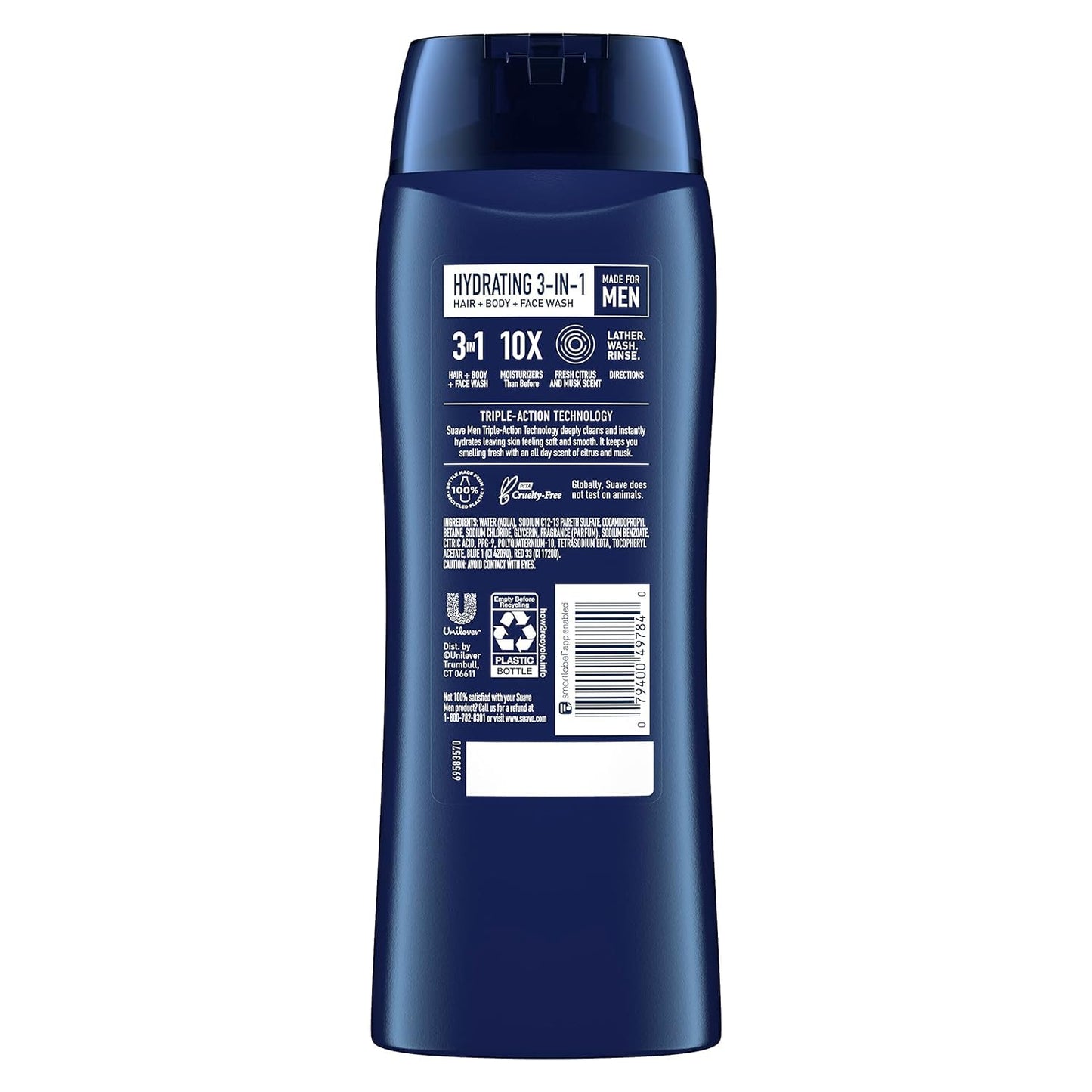 Suave Men Hydrating three in one shower gel pack of six bottles for men.
