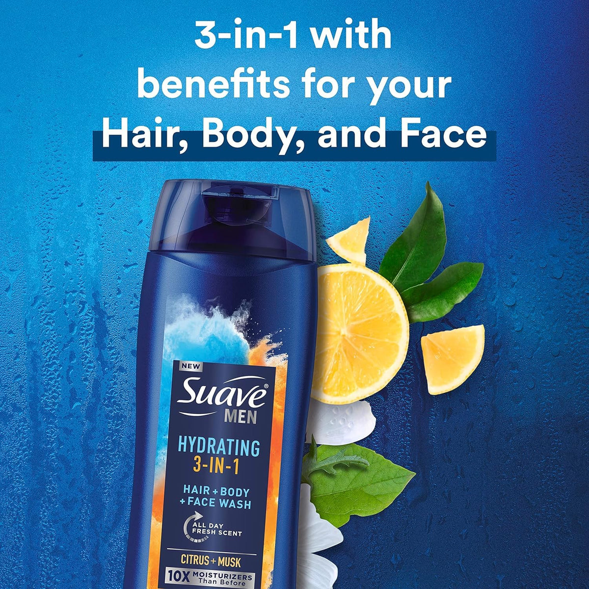 Suave Men moisturizing body wash bottle displaying ingredients and fluid ounce details.