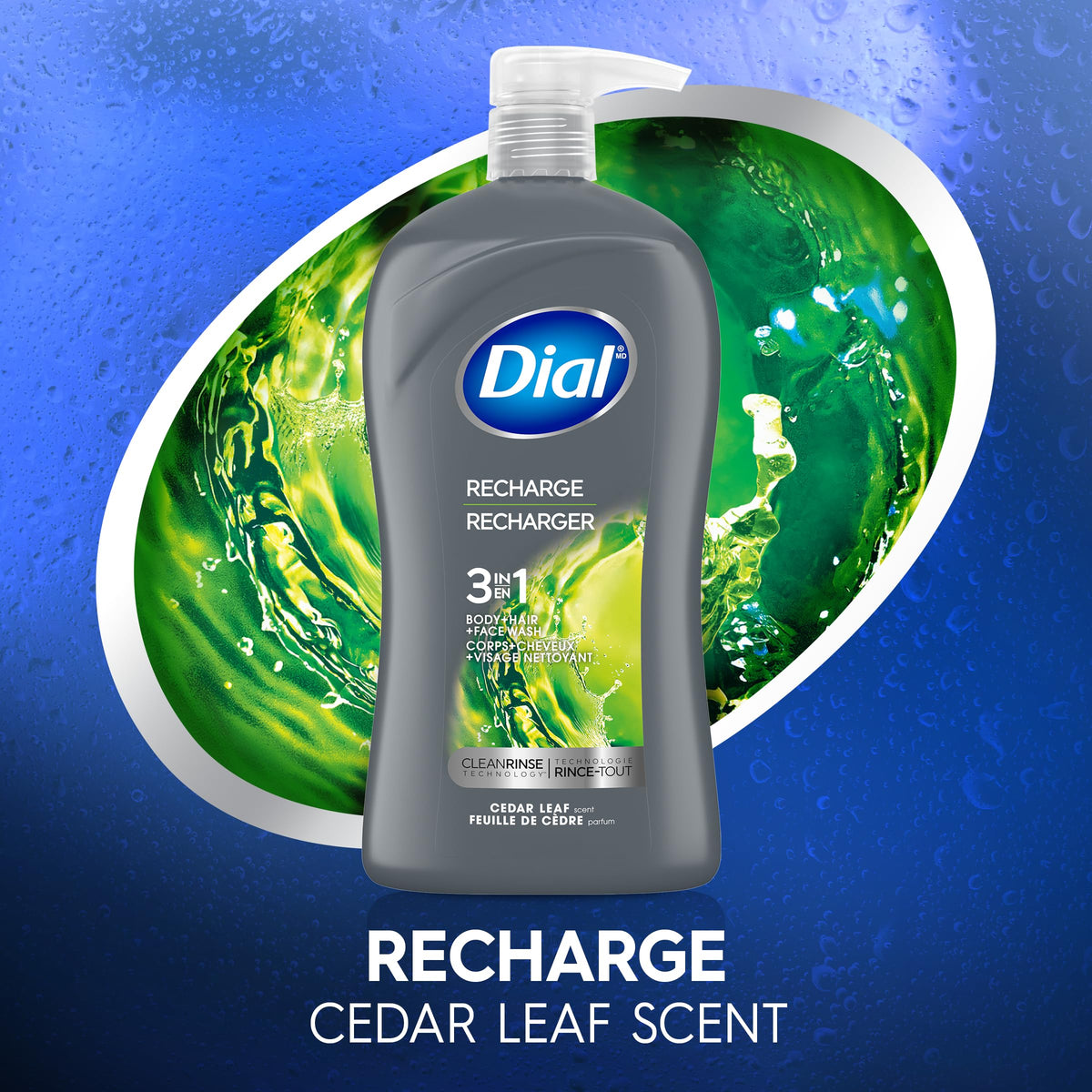 Back label of Dial Men Recharge 3-in-1 cleanser showing ingredients