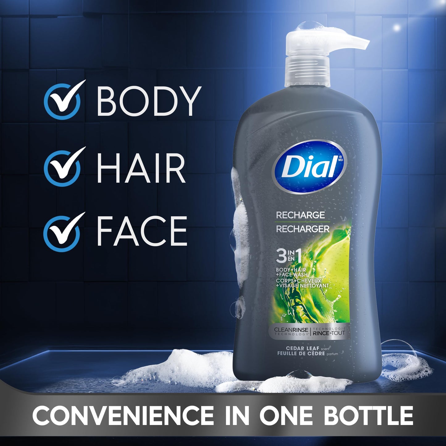 Close up of 32 fluid ounce Dial Men body wash bottle cap
