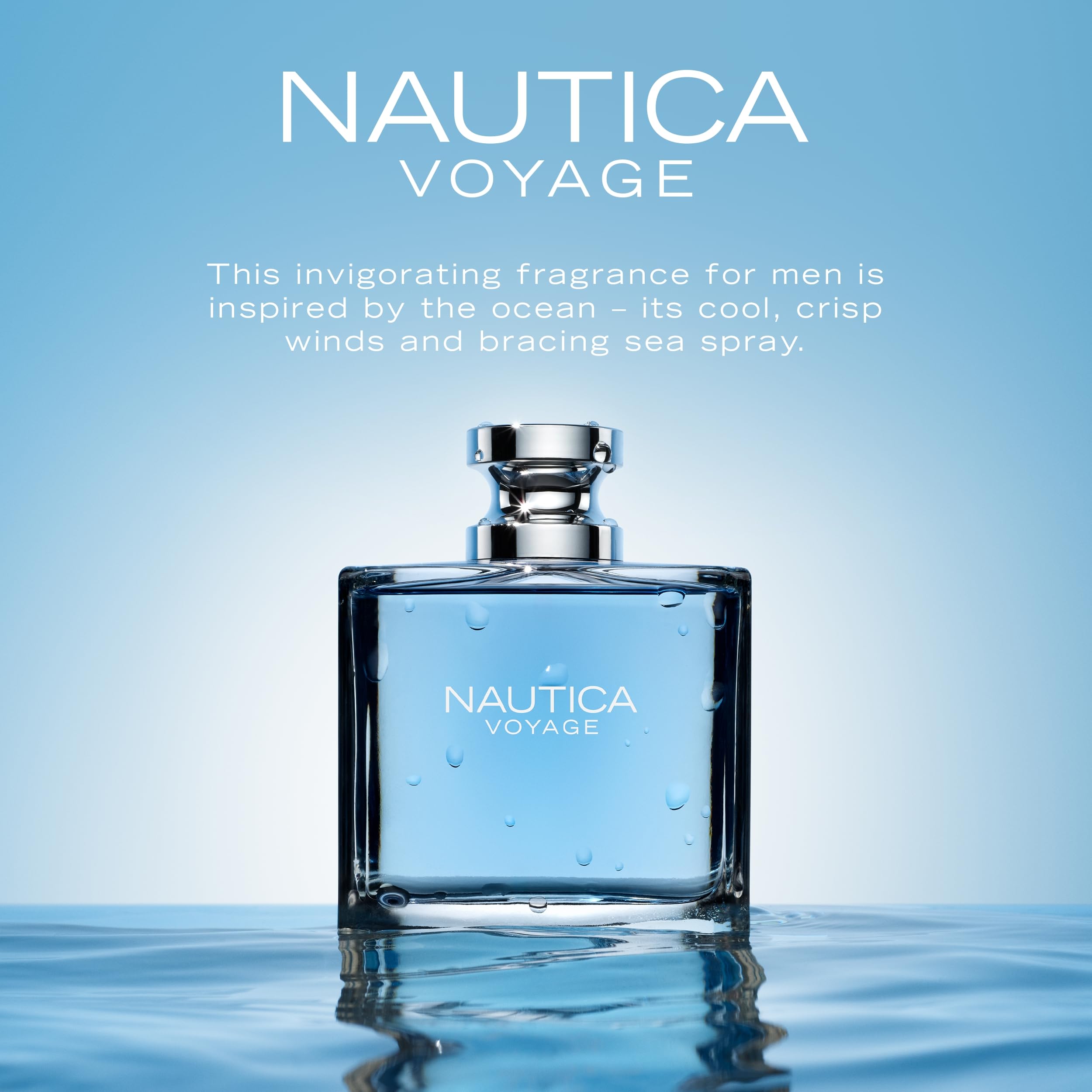 Nautica Voyage cologne bottle showing the blue aquatic fragrance liquid