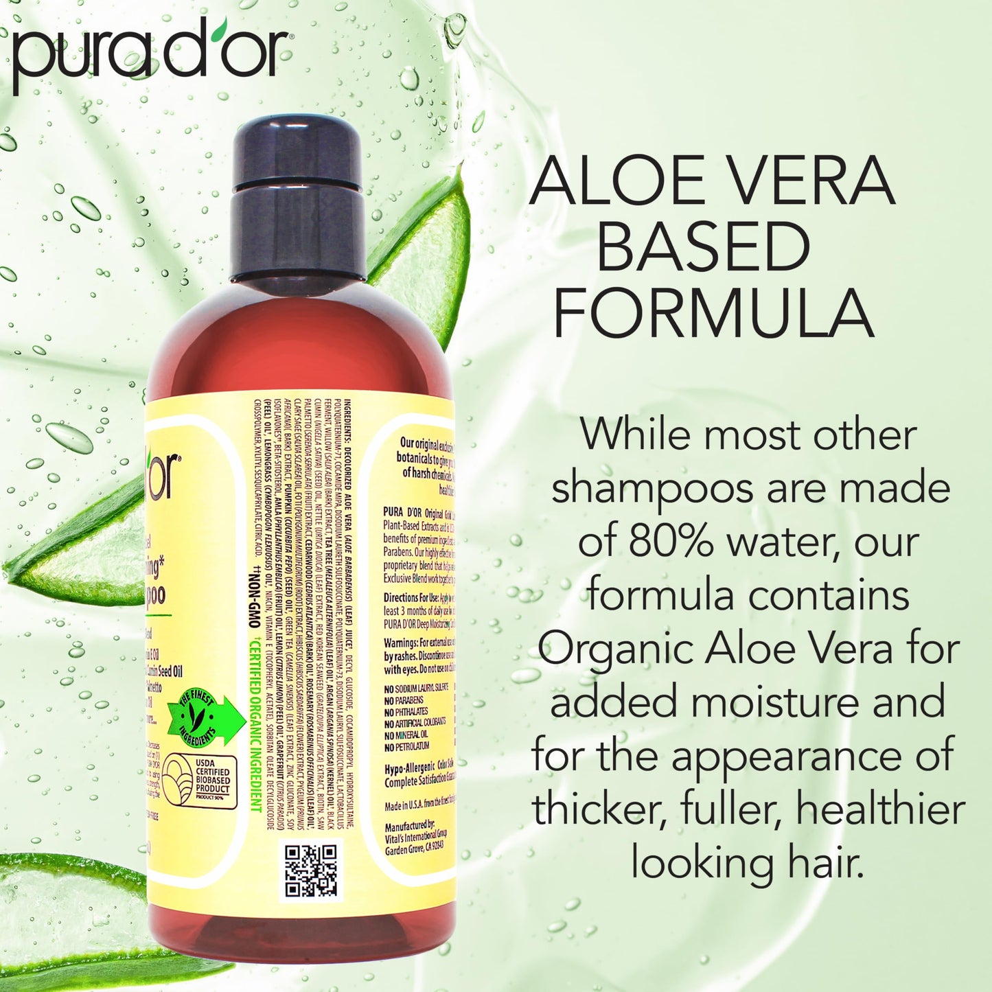 Side profile of Pura D'or Original Gold Label hair care bottle