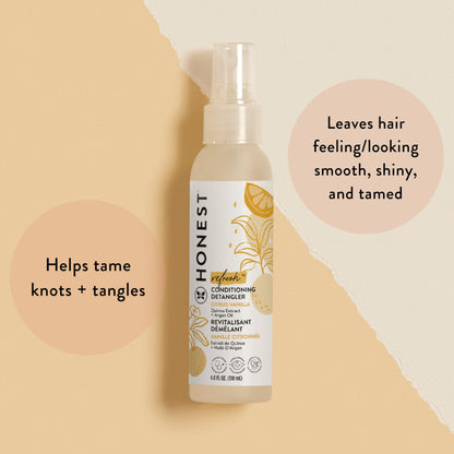 The Honest Company detangler spray packaging highlighting tear-free formula