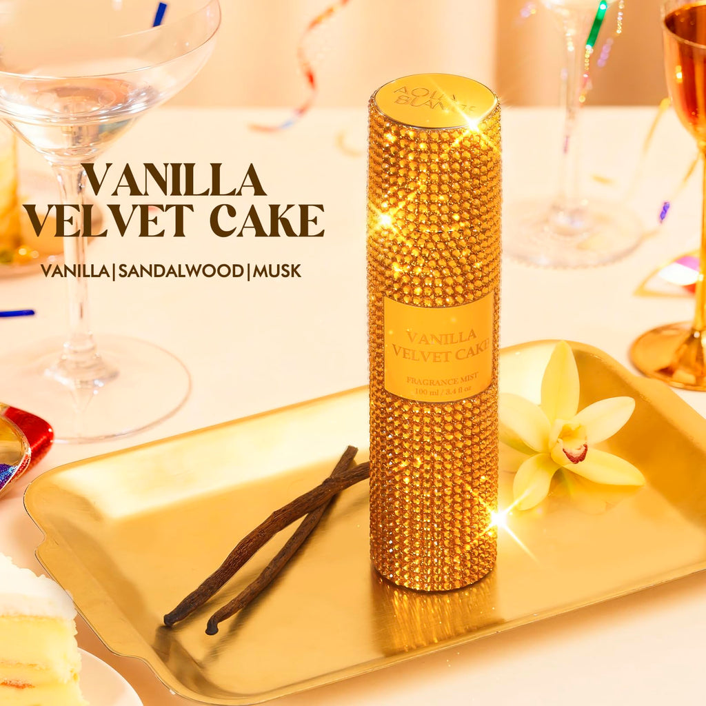 Aqua Blance Vanilla Velvet Cake Body Spray rhinestone bottle details highlighting the sparkling crystal design.