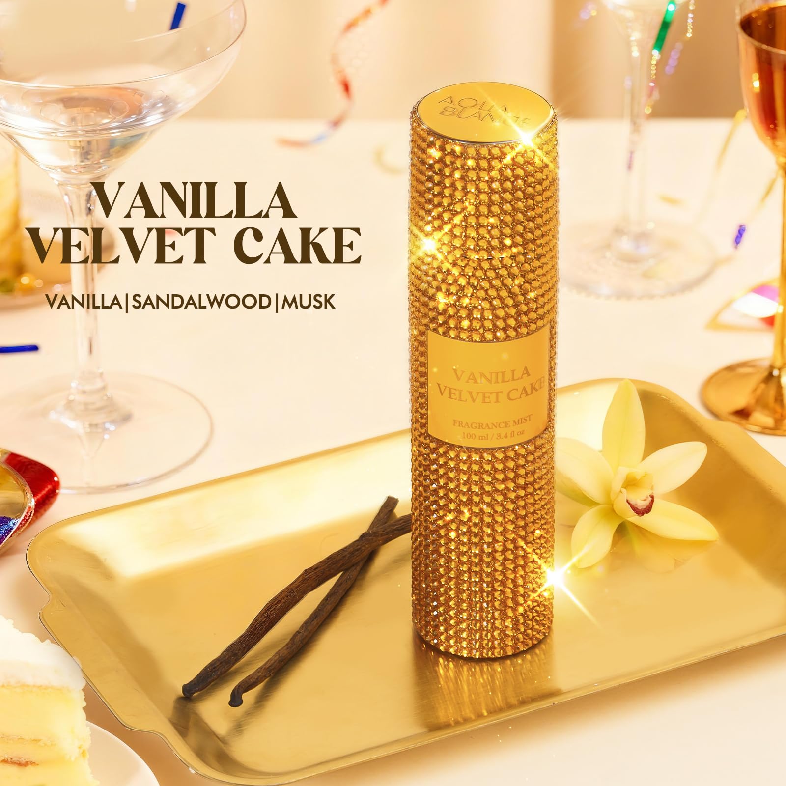 Aqua Blance Vanilla Velvet Cake Body Spray rhinestone bottle details highlighting the sparkling crystal design.