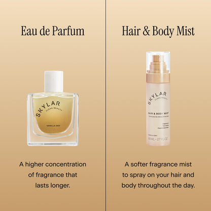 Lifestyle shot of Skylar Vanilla Sky hair and body mist