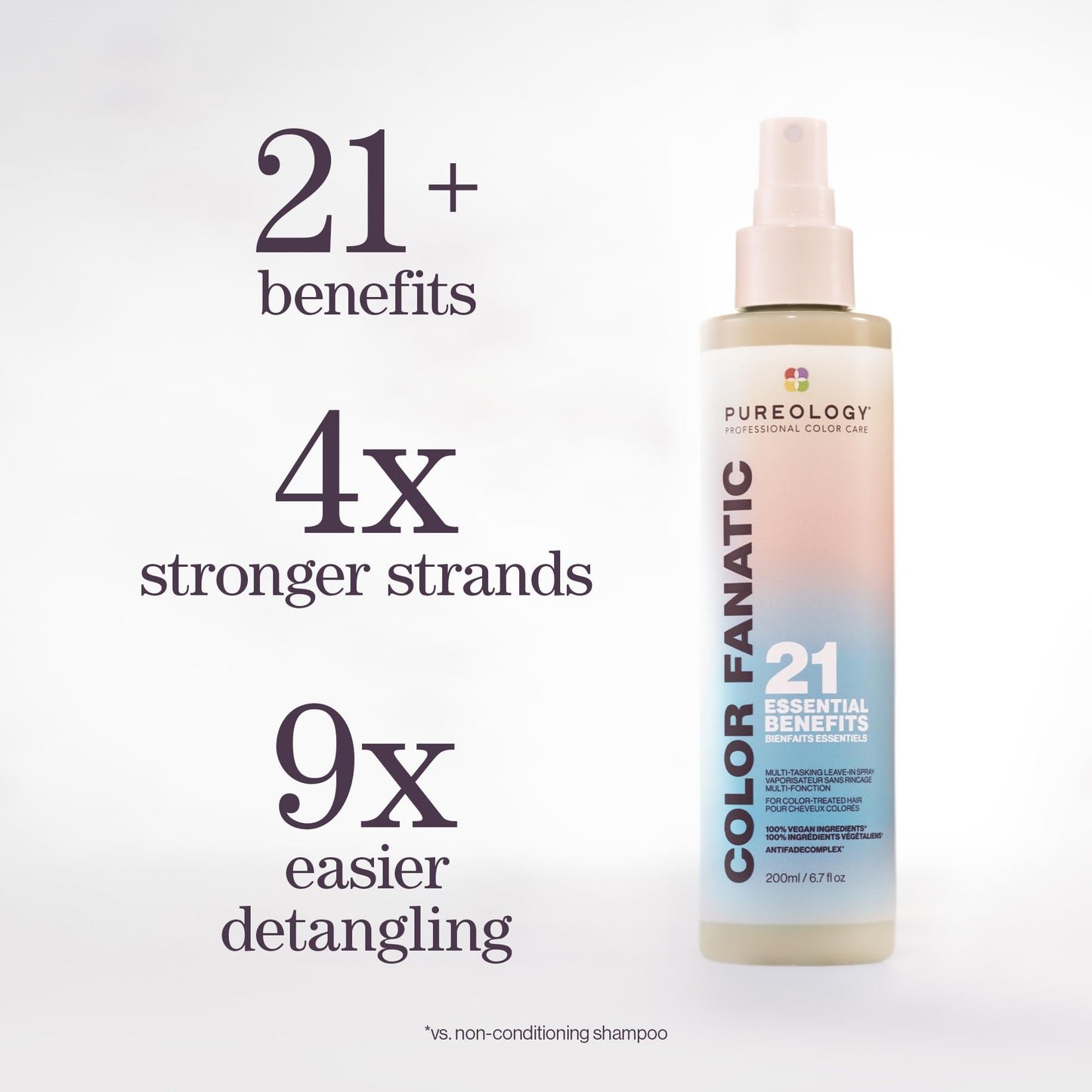 Pureology Color Fanatic spray bottle showing 21 benefits label