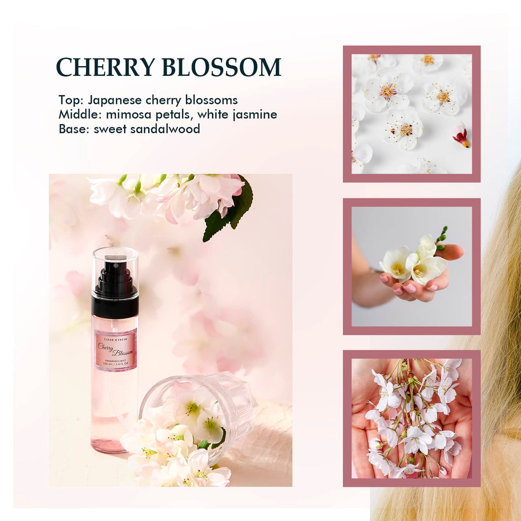 Close up of the Cherry Blossom fragrance mist bottle from the set.