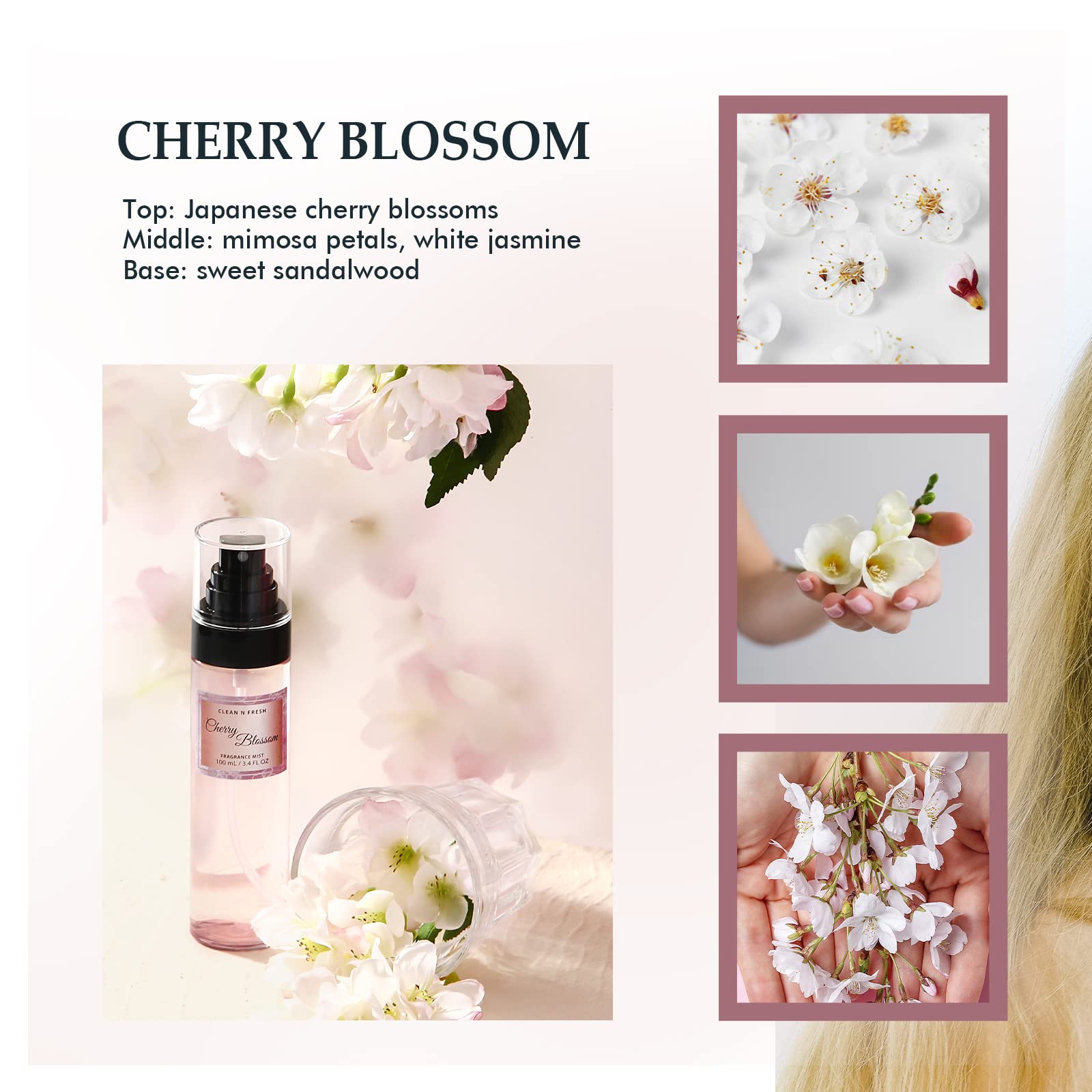 Close up of the Cherry Blossom fragrance mist bottle from the set.