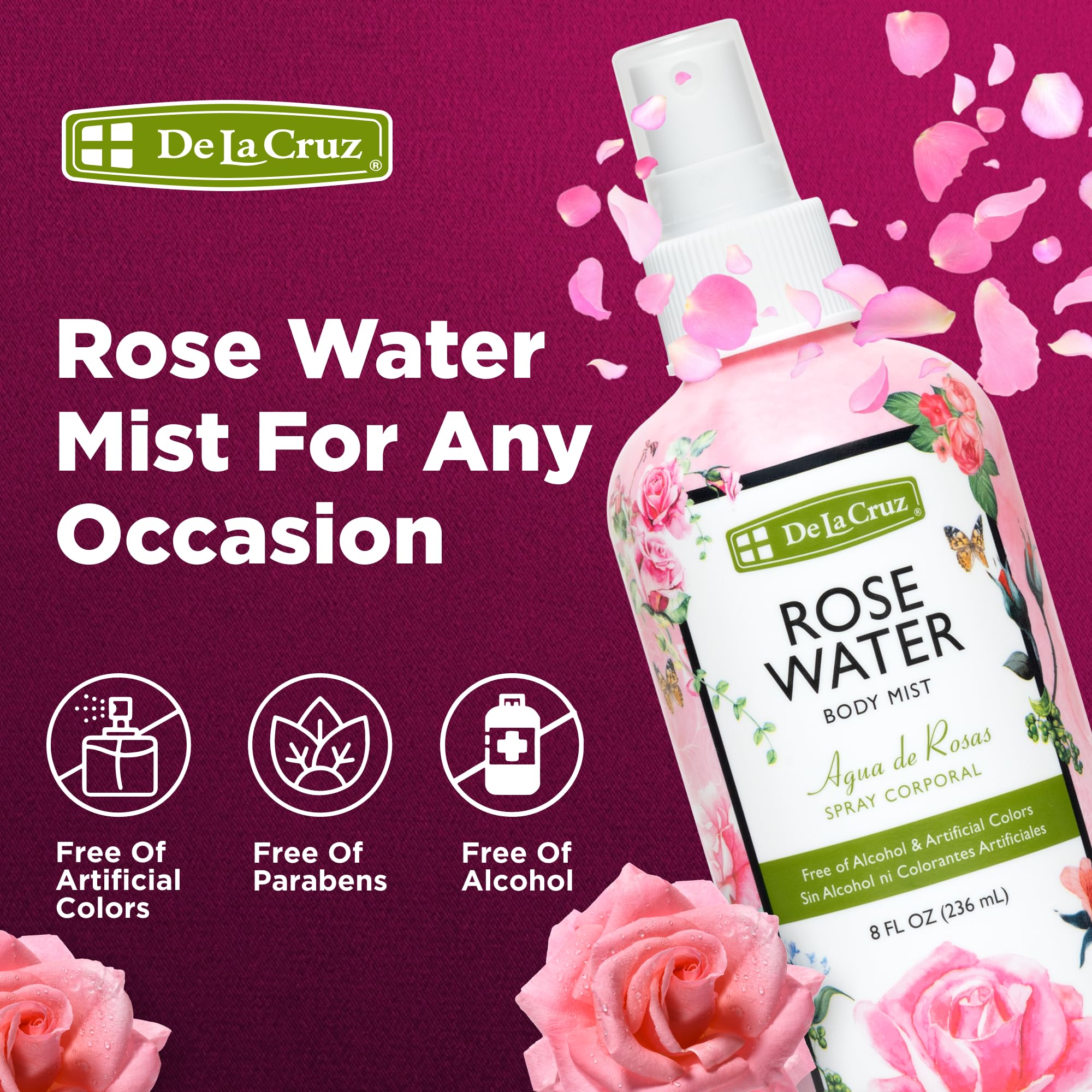 8 fluid ounce De La Cruz rose water mist for hair