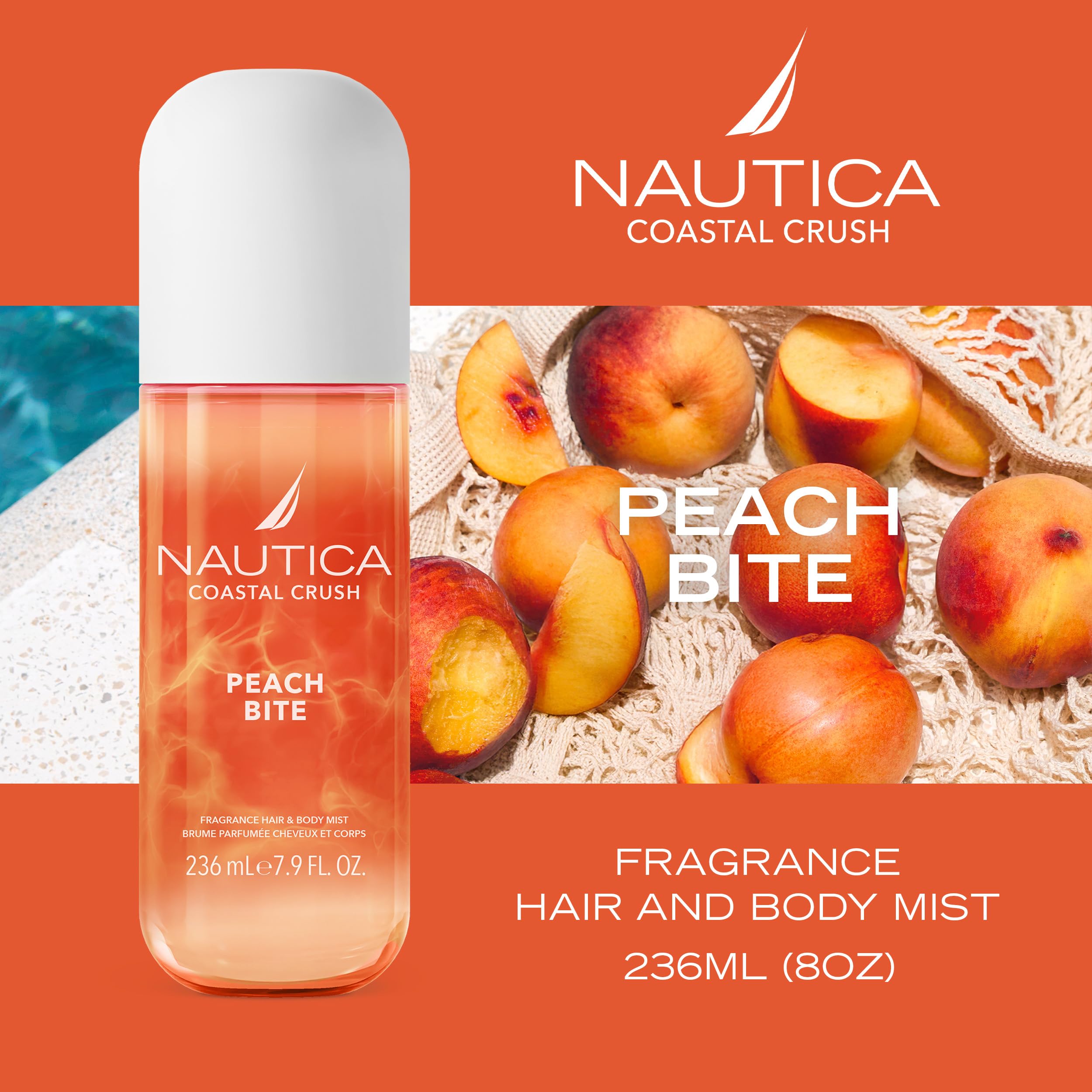 Nautica Peach Bite fragrance spray for women closeup bottle detailing