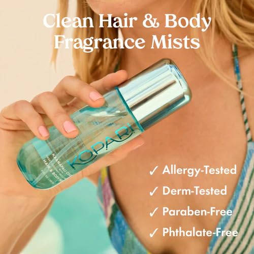 Kopari clean beauty hair and skin mist packaging displaying ingredients list
