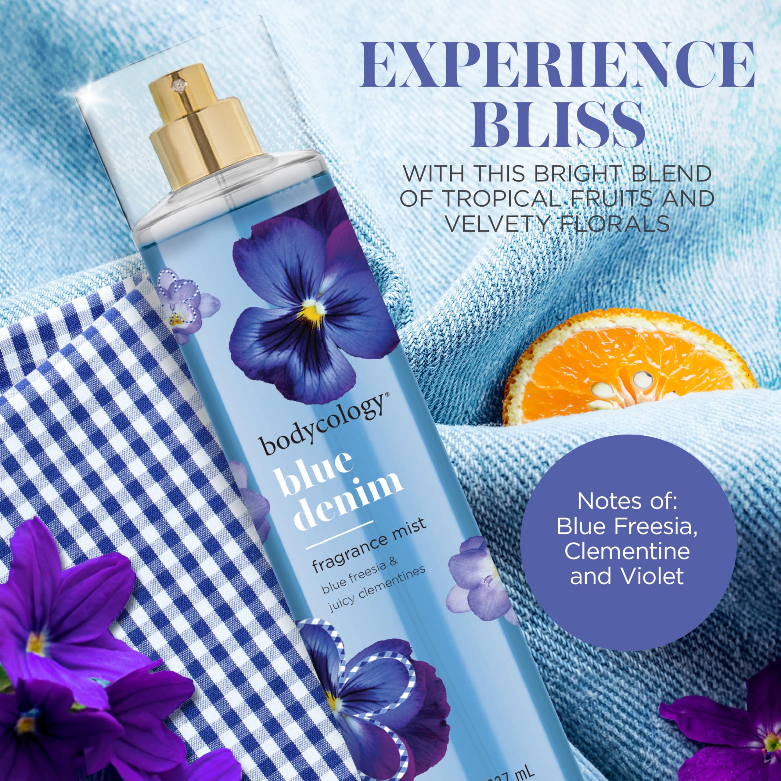 Bodycology Blue Denim eight fluid ounce bottles showcasing fragrance notes