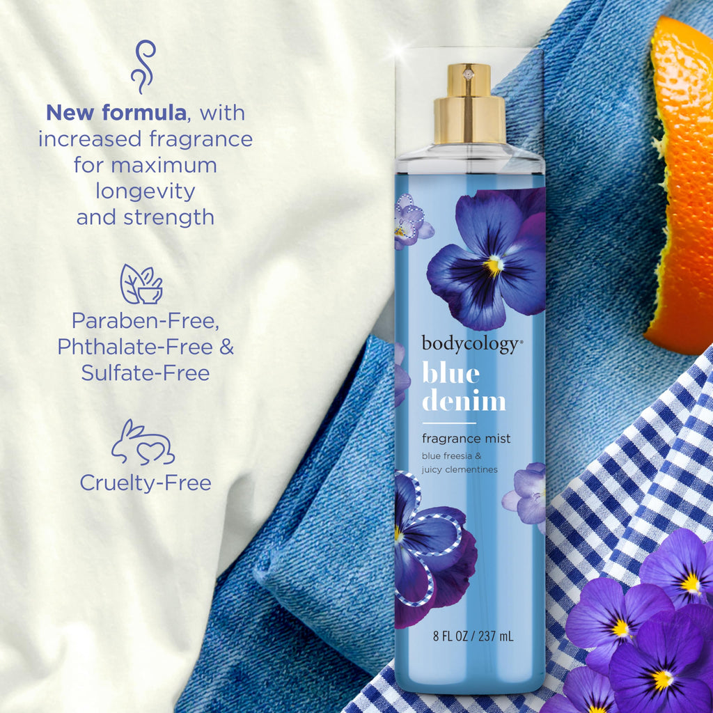 Bodycology Blue Denim refreshing mist twin pack bottle details