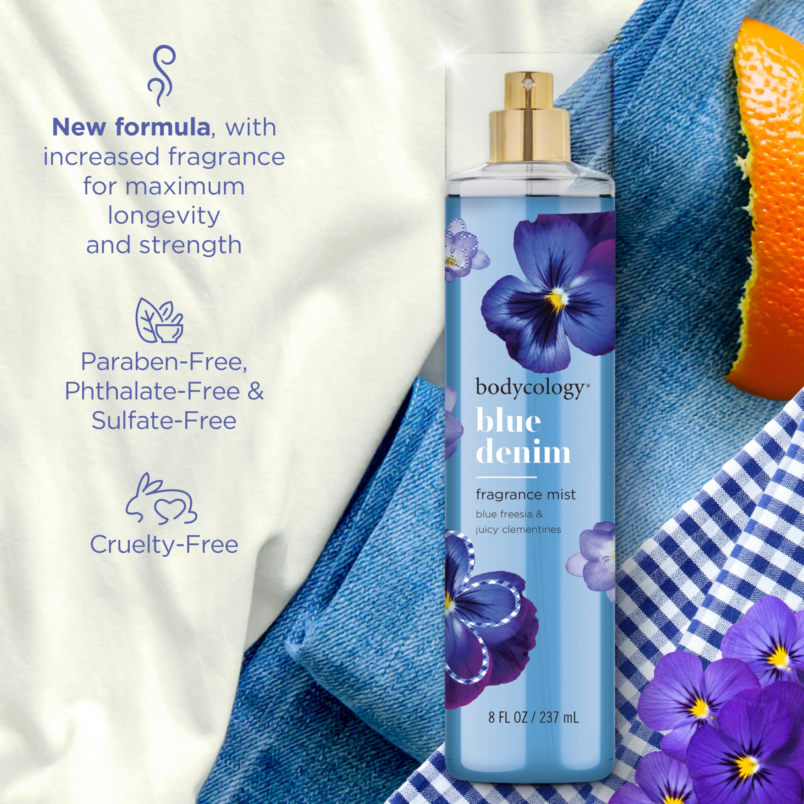 Bodycology Blue Denim refreshing mist twin pack bottle details